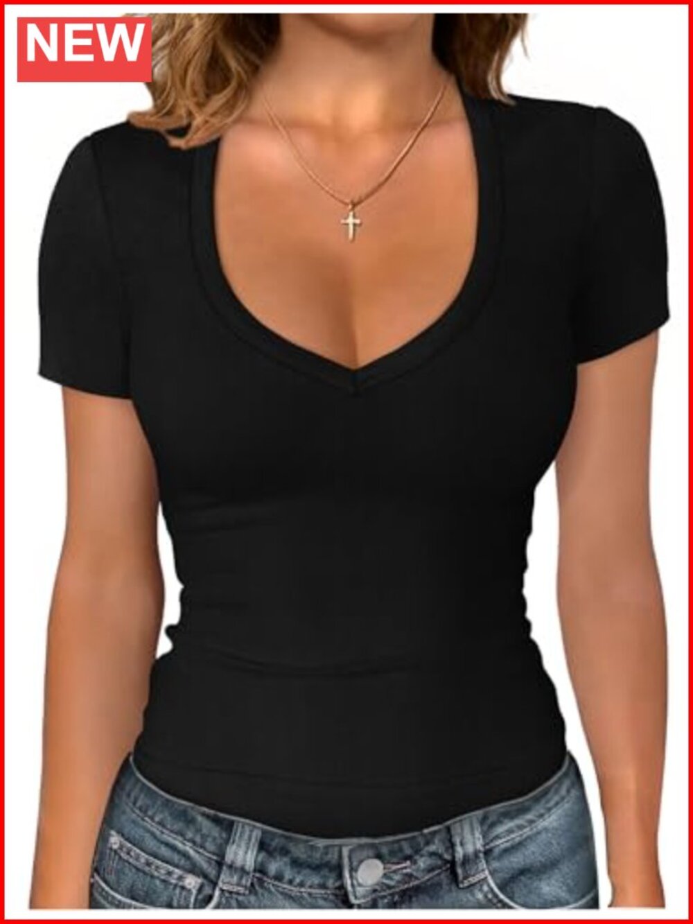 Women's V-Neck Short Sleeve Ribbed Slim Fit Tee Summer Basic Top
